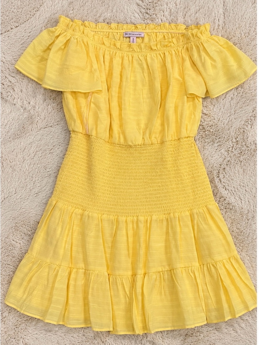 NWT BCBGeneration Off Shoulder Mini Dress Banana Yellow Smocked Size L